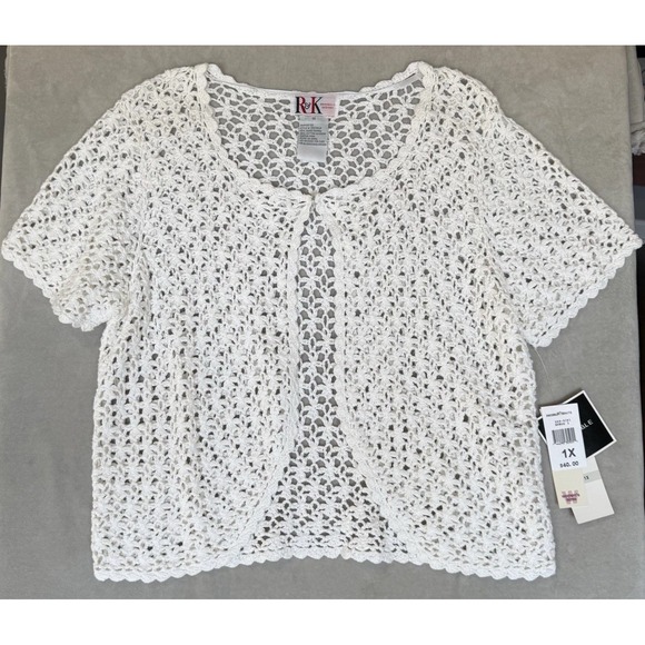 R&K Sweaters - Vintage R&K Women 1X White Crochet Shrug Open Front Scalloped Bohemian Boho Chic